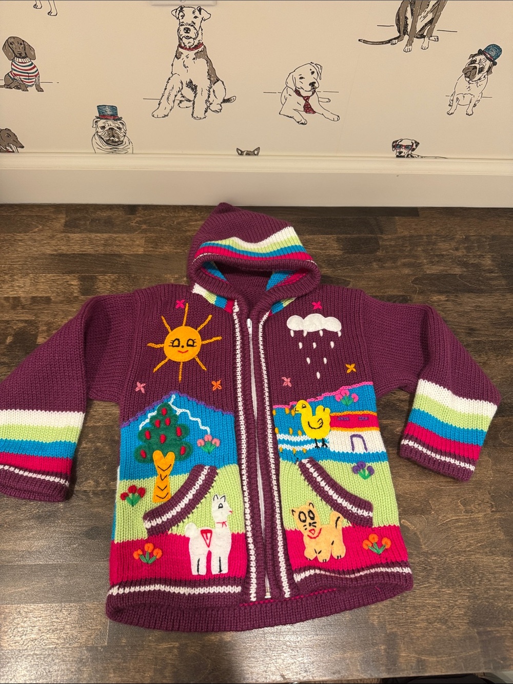 4T Child's Hooded Knit Cardigan with Colorful Animal & Sunshine Motif - Purple